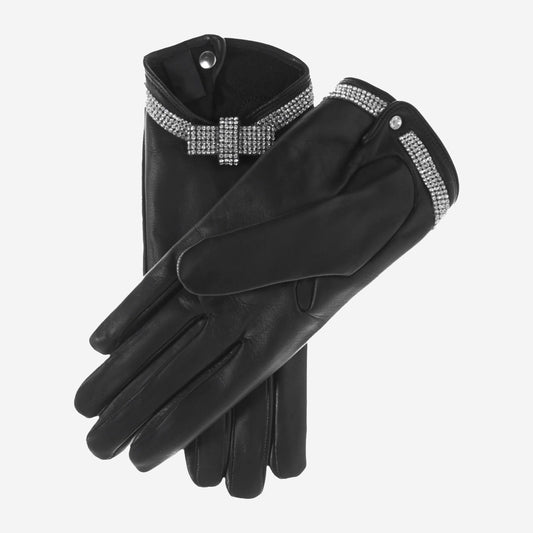 FS4321 (black) - Women's Italian silk lined leather gloves with Swarovski crystal bow