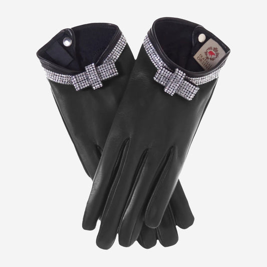 FS4321 (black) - Women's Italian silk lined leather gloves with Swarovski crystal bow