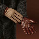 Fabrizio (brown) - Tweed men's gloves with touchscreen capability and adjustable snap button