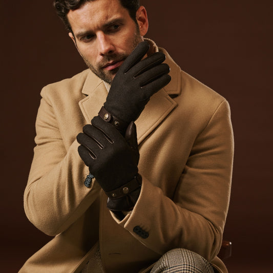 Fabrizio (donkerbruin) - Tweed herenhandschoenen met touchscreenfunctie en verstelbare drukknopsluiting