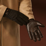 Fabrizio (dark brown) - Tweed men's gloves with touchscreen capability and adjustable snap button