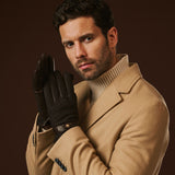 Fabrizio (dark brown) - Tweed men's gloves with touchscreen capability and adjustable snap button