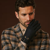 Fabrizio (navy blue) - Tweed men's gloves with touchscreen capability and adjustable snap button