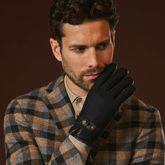 Fabrizio (marineblauw) - Tweed herenhandschoenen met touchscreenfunctie en verstelbare drukknopsluiting