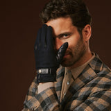 Fabrizio (navy blue) - Tweed men's gloves with touchscreen capability and adjustable snap button