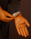 Francesca (cognac) - Italian lambskin leather gloves with brown rabbit fur lining