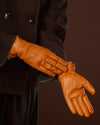 Francesca (cognac) - Italian lambskin leather gloves with brown rabbit fur lining