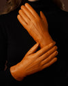 Francesca (cognac) - Italian lambskin leather gloves with brown rabbit fur lining