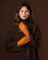 Francesca (cognac) - Italian lambskin leather gloves with brown rabbit fur lining