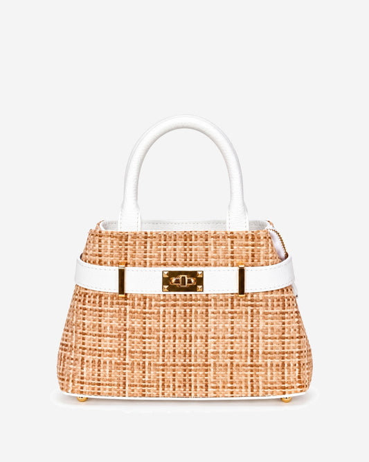 Gisella (white) - Women's Italian raffia handbag with calf leather belt