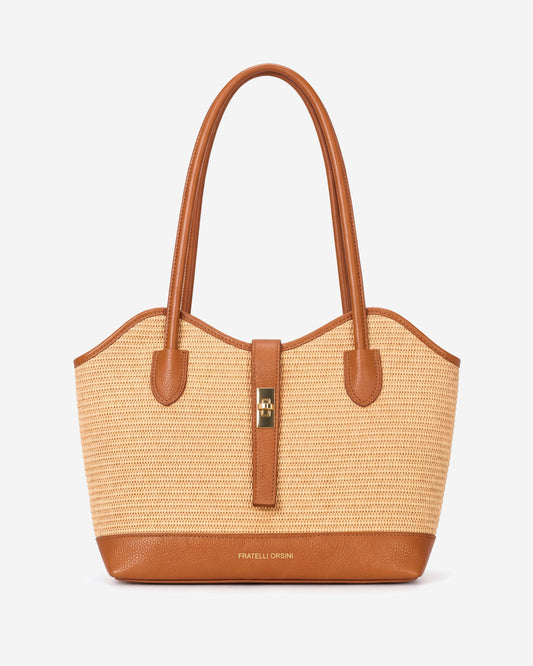 Rosella (dark tan) - Women's Italian raffia shoulder bag with calf leather trim