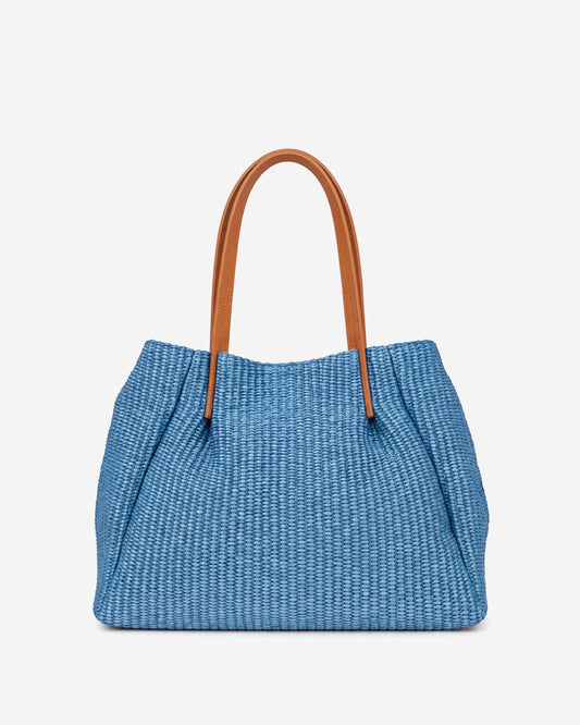 Celestina (sky blue) - Women's Italian raffia handbag with calf leather handles