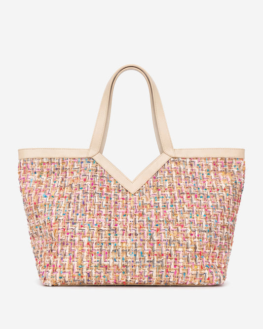 Clarissa (beige / white) - Women's Italian raffia tote bag with calf leather trim