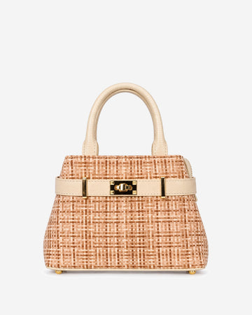 Gisella (light beige) - Women's Italian raffia handbag with calf leather belt