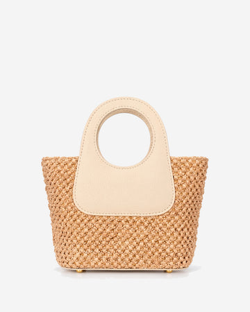 Elisabetta (light beige) - Women's Italian raffia mini bag with calf leather handle