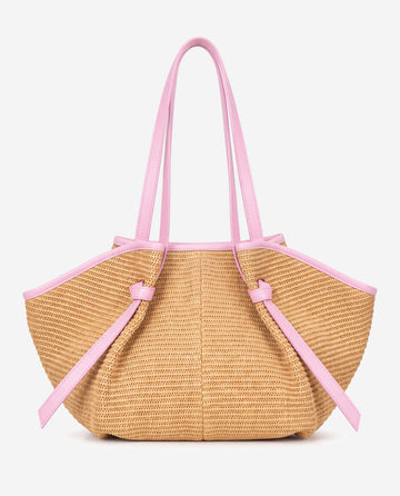 Adelina (baby pink) - Women's Italian raffia tote bag with leather trim