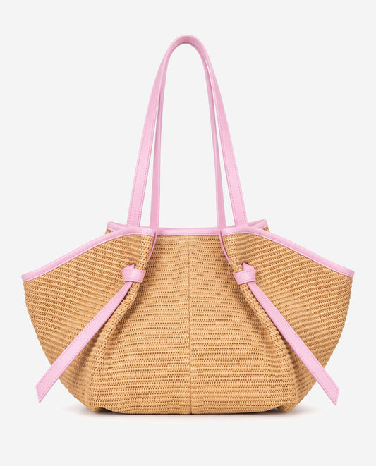 Adelina (baby pink) - Women's Italian raffia tote bag with leather trim