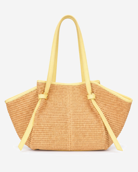 Adelina (light yellow) - Women's Italian raffia tote bag with leather trim