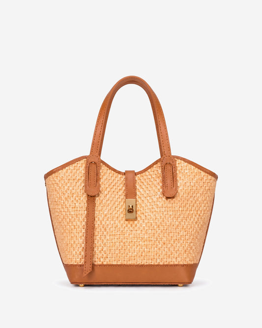 Simonetta (tan) - Women's Italian raffia handbag with calf leather trim