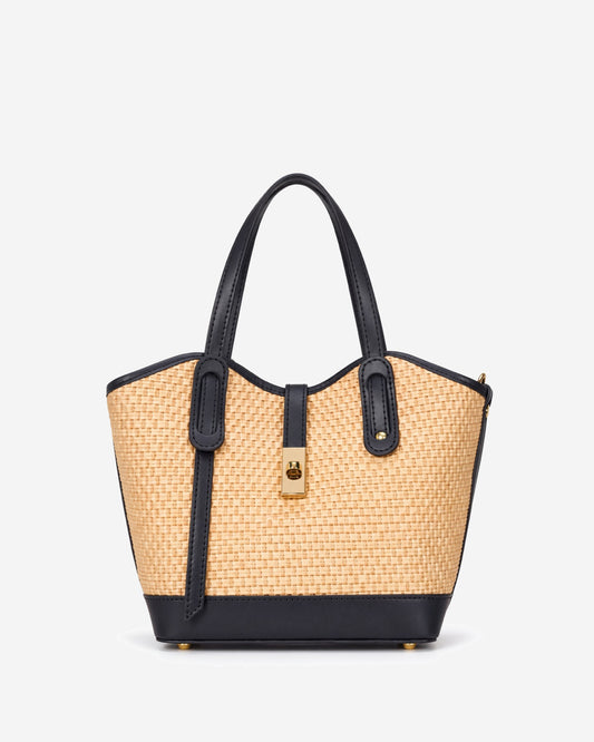 Simonetta (black) - Women's Italian raffia handbag with calf leather trim