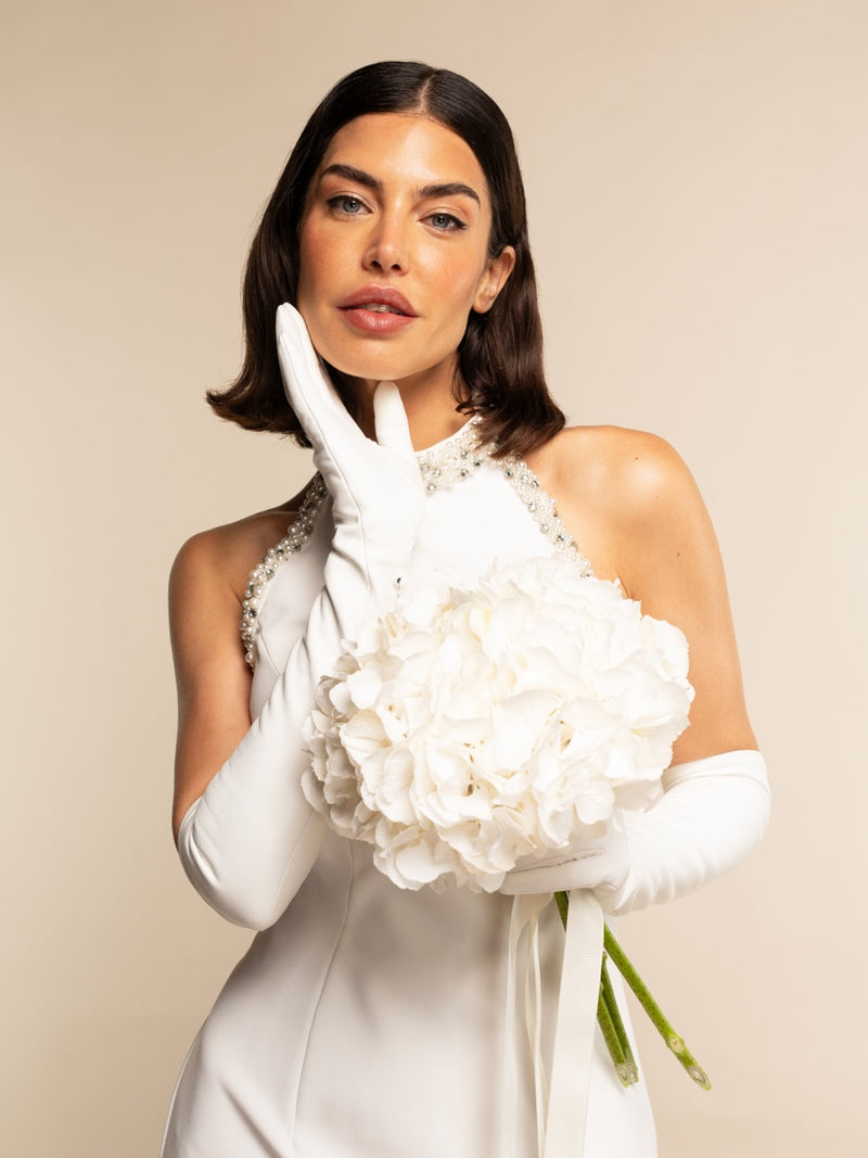 Gabriella (white) - Italian unlined 12-button length leather bridal / opera gloves