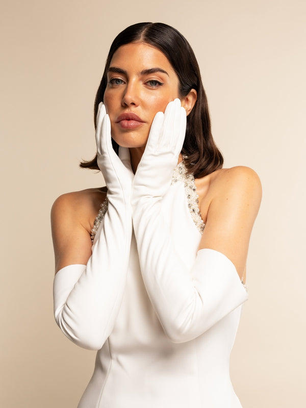 Gabriella (white) - Italian unlined 16-button length leather bridal / opera gloves