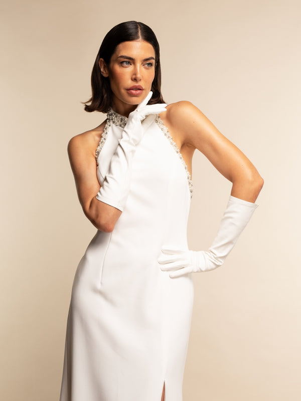 Gabriella (white) - Italian unlined 8-button length leather bridal / opera gloves