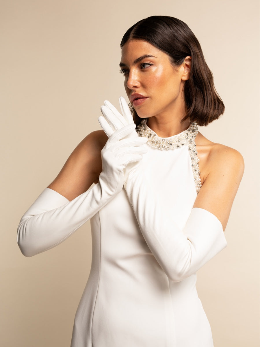 Gabriella (white) - Italian unlined 16-button length leather bridal / opera gloves - Fratelli Orsini - Luxury Leather Gloves - Handmade in Italy - 3