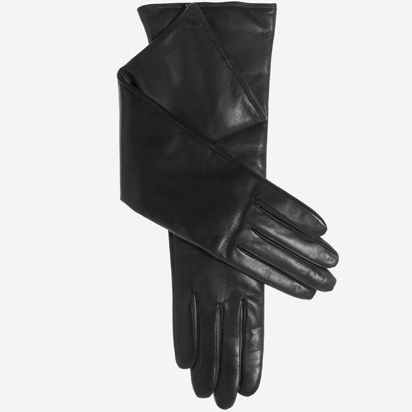 Long Leather Opera Gloves - Black - Cashmere Lining - 8 button