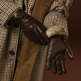 Luciana (brown) - Extended women's Italian lambskin leather gloves with rabbit fur lining