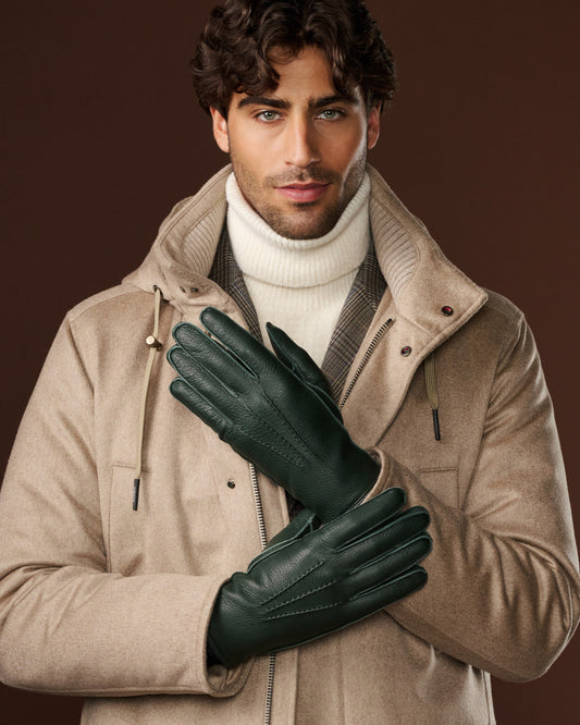 Diego (green) - Italian gloves made of American deerskin leather with rabbit fur lining