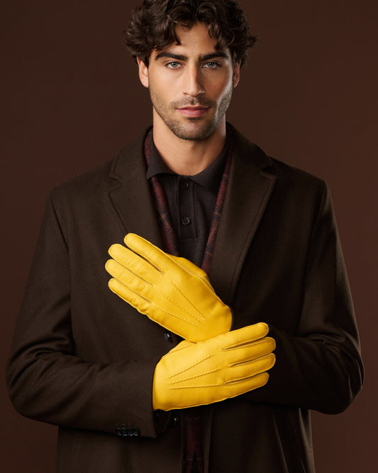 Diego (yellow) - Italian gloves made of American deerskin leather with rabbit fur lining