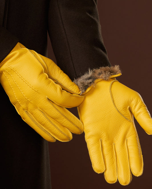 Diego (yellow) - Italian gloves made of American deerskin leather with rabbit fur lining