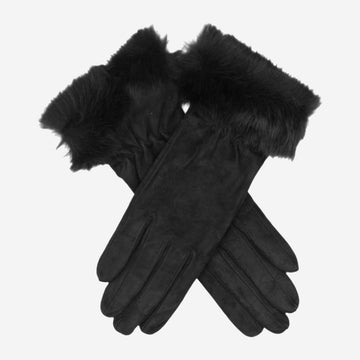 PA4125 (black) - Women's winter Italian merino wool lined suede gloves with rabbir fur cuff