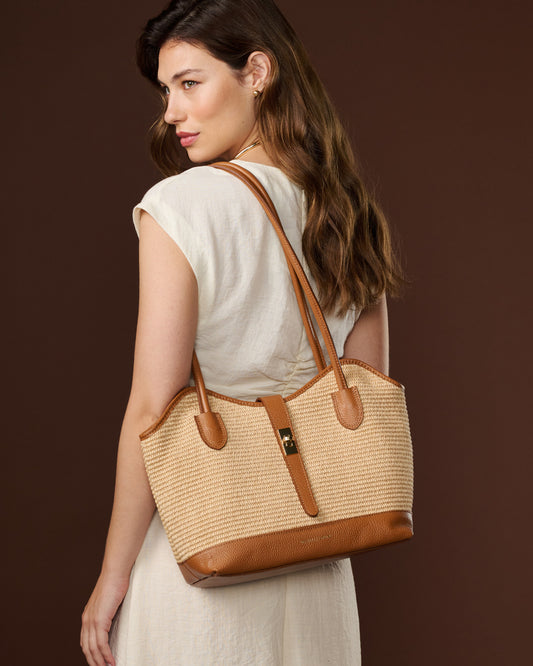 Rosella (dark tan) - Women's Italian raffia shoulder bag with calf leather trim