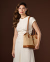 Rosella (dark tan) - Women's Italian raffia shoulder bag with calf leather trim