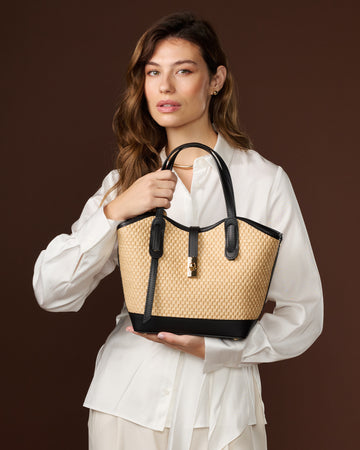 Simonetta (black) - Women's Italian raffia handbag with calf leather trim