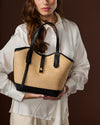 Simonetta (black) - Women's Italian raffia handbag with calf leather trim