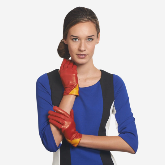 CS4414 (red/yellow) - Women's Italian Color Blocking Silk Lined Leather Gloves