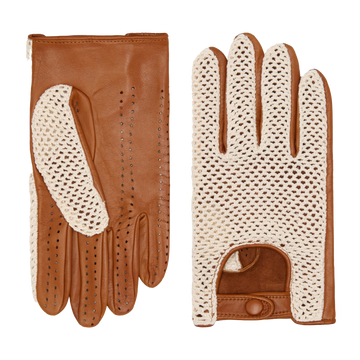 Valeria (Cognac) – Handgenähte italienische  Crochet-Autohandschuhe aus Lammleder