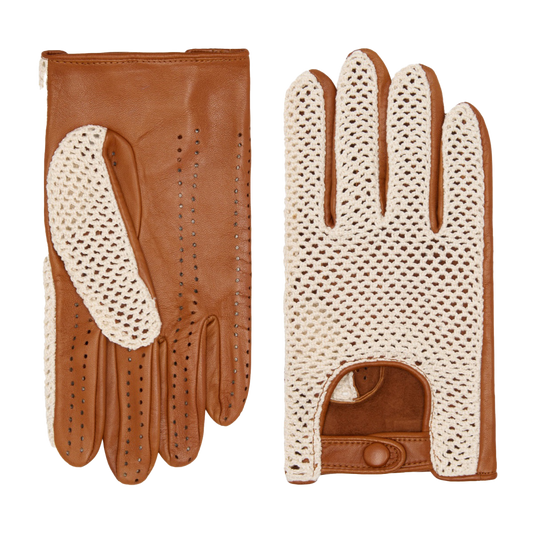 Valeria (Cognac) – Handgenähte italienische Häkel-Autohandschuhe aus Lammleder