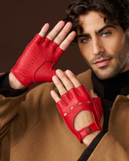 Vincenzo (red) - Fingerless Italian driving gloves made of American deerskin leather
