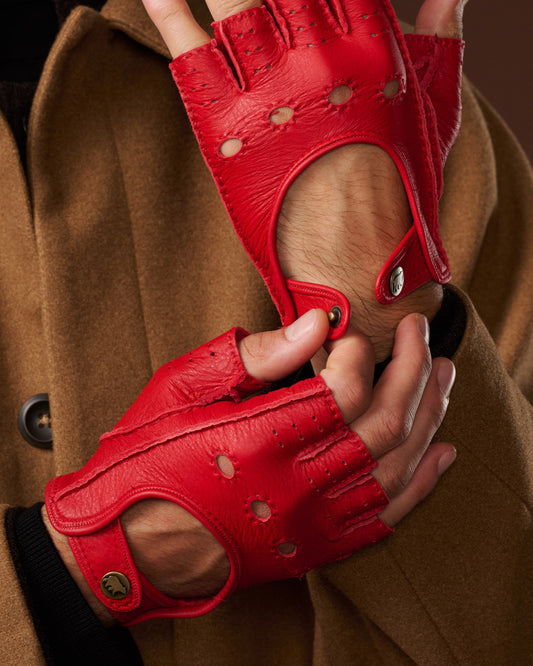 Vincenzo (red) - Fingerless Italian driving gloves made of American deerskin leather