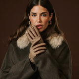 Violetta (brown) - Tweed women's gloves with touchscreen capability and adjustable snap button