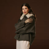 Violetta (brown) - Tweed women's gloves with touchscreen capability and adjustable snap button