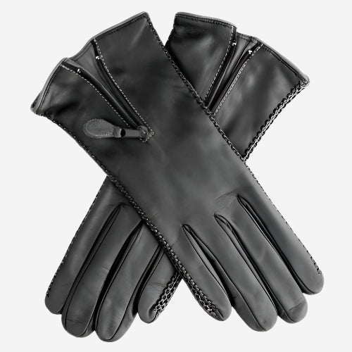 CA0547 (black) - Women's Lambskin Cashmere Lined Leather Gloves with Zipper - Leather Gloves Online - Luxury Leather Gloves - 1