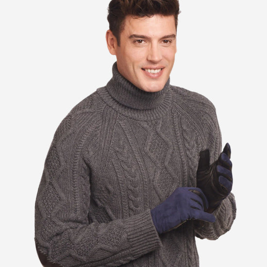 CC3414 (blue/black) - Men's Suede and Lambskin Gloves with Cashmere Lining with Snap - Leather Gloves Online - Luxury Leather Gloves - 2