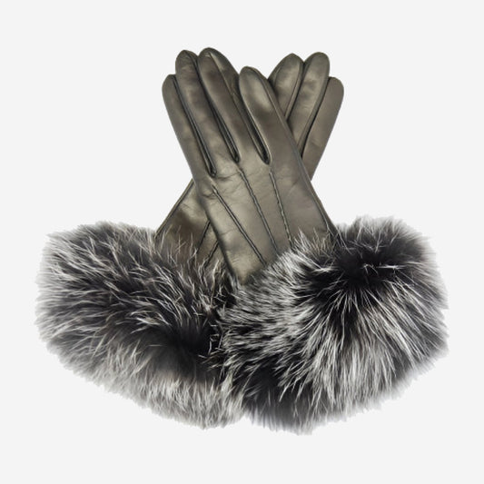 CC4066 (black) - Women's Italian Fox Fur Cuff Cashmere Lined Leather Gloves