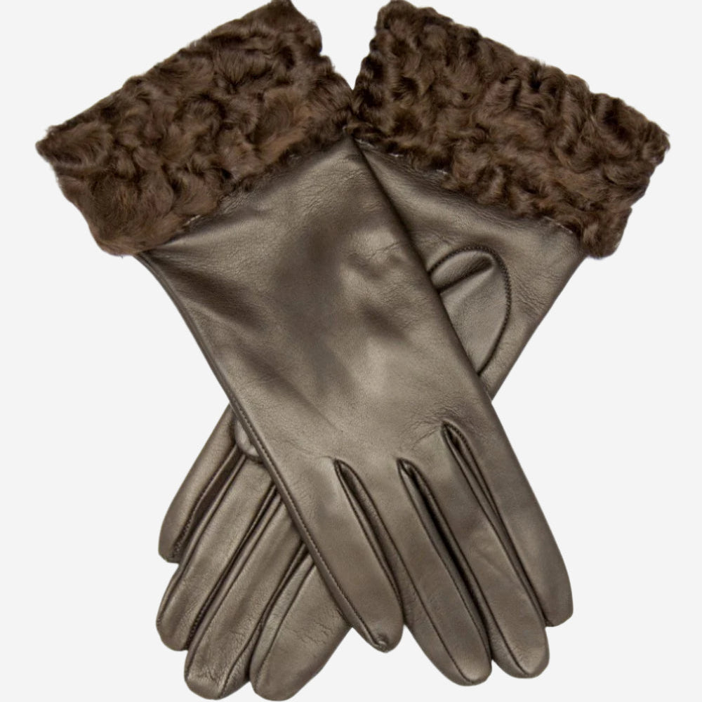 CC4172 (brown) - Women's Cashmere Lined Leather Gloves with Persian Lamb Cuffs - Leather Gloves Online - Luxury Leather Gloves - 1