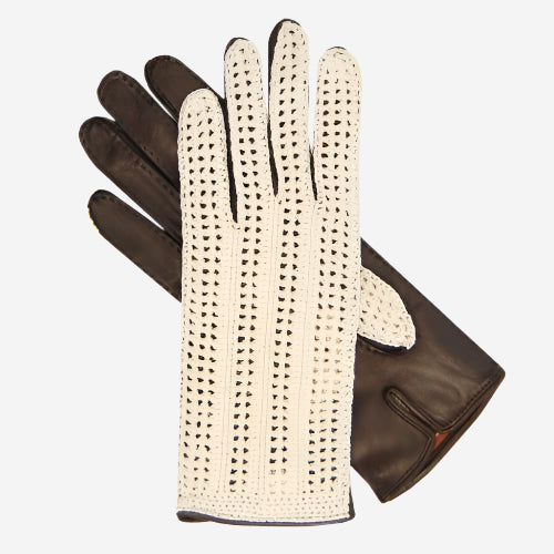 CD4020 (dark brown) - Women's Crochet and Leather Driving Gloves - Leather Gloves Online - Luxury Leather Gloves - 1